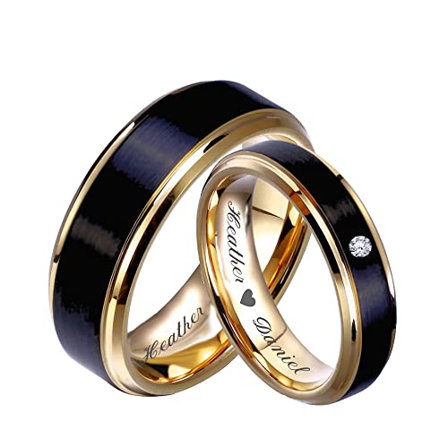 Personalized Beveled Black & Gold Ring Set Custom Engraved Free In Any Language - His & Hers Couple's Ring Set - Wedding Band Set - Ships from USA3