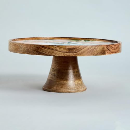 Image of SAAGA Round Wooden Cake Stand | 10 x 4.25 Inch Printed Mango Wood Cake Display Stand for Cakes, Pizza, Desserts & Pastries | White & Aquamarine Decorative Serving Stand for Dining & Entertaining