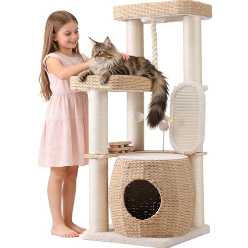 EMUST 50IN Heavy-Duty Modern Cat Tree Tower for Indoor Large Adult Cats, Multi-Level Luxury Cat Condo with Thickened Scratching Post & Extra-Large Hand-Woven Rattan Bed