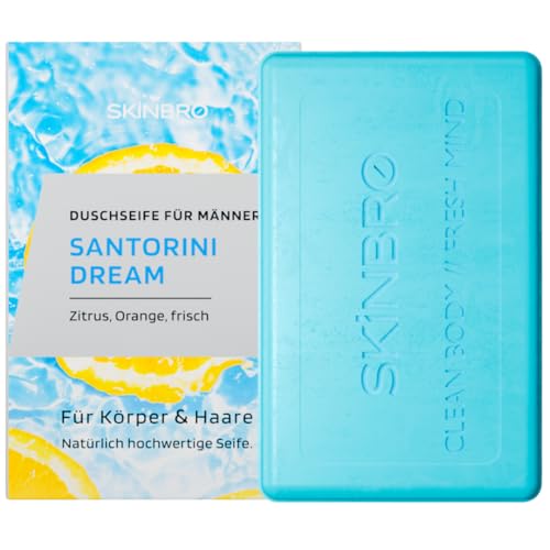 SKINBRO Festes Duschgel Männer Santorini Dream Duschseife Männer Zitrus Orange & Frisch - Made in Germany Shampoo Herren Vegan & Nachhaltig- Silikonfrei Seife Stück feste Seife Naturseife 100g