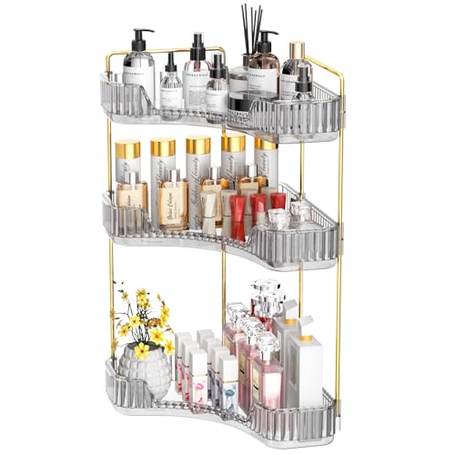 GTI 3-Tier Corner Bathroom Counter Organizer, Large Capacity Makeup Organizer Countertop, Perfume Cosmetics Skincare Vanity Organizers, Exquisite Countertop Storage for Women (Gray)