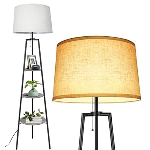 OUTON Tripod Floor Lamp with Shelves, Modern Shelf Floor Lamp with 3 Color Temperature, LED Dimmable Tall Standing Corner Lamp with Beige Linen Texture Shade for Living Room, Bedroom, Office, Grey