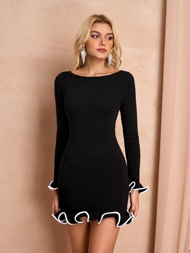 Women's Long Sleeve Ruffle Knit Mini Dress Boat Neck Bodycon Short Going Out Party Sweater Dresses Fall2