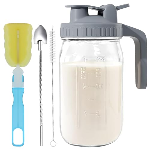Image of Glass Mason Jar Pitcher - 32oz Breast Milk Pitcher with Pour Spout Lid, Airtight Seal - Ideal for Cold Brew Coffee, Juice, Lemonade, and More - Premium Glass Jug for Beverages and Sun Tea