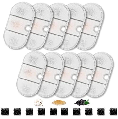 Hantoc 10 Packs Cat Water Fountain Filter Replacement - Activated Carbon & Foam Sponge for 2.1L Pet Fountain PLWF002