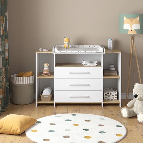 Miniatura 7 de Vicco Cómoda Cambiador Oskar, Roble Blanco Dorado, 143.2 X 93 Cm Con 3 Cajones, Apto Como Cambiador Con Zona De Almacenamiento Ampliable
