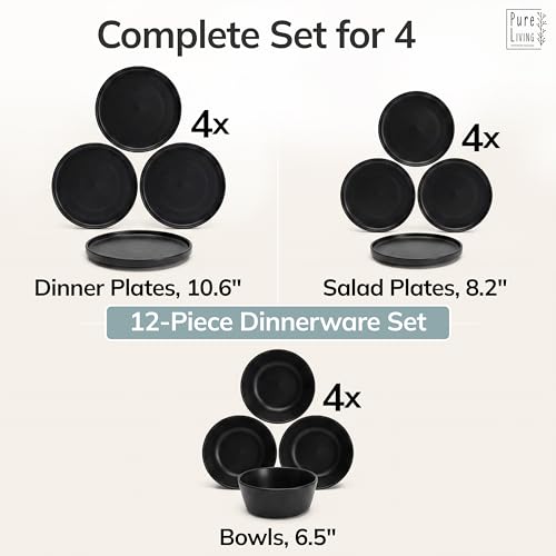 Image of Stoneware dinnerware set 4 persons 12 pcs - Matte black plates and bowls set - Dishwasher, microwave and scratch resistant - Bowl and plate set - Dinner service Pure Living