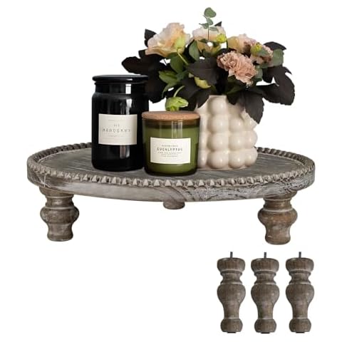 MAONAME Farmhouse Wood Riser for Display, Decorative Pedestal Stand for Kitchen Counter, Rustic Round Beaded Wooden Display Tray for Home Decor, Short and Tall Footed, 11.87 Inch Cover