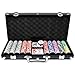 Produktbild AufuN Pokerkoffer 500 Chips Laser Pokerchips 12 Gramm Metallkern, inkl. 2X Pokerdecks, 5X Würfel, Dealer Button, Big Blind, Little Blind, Poker-Set mit Schwarz Aluminium Gehäuse mit 2 Schlüssel