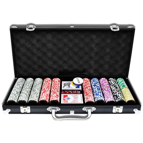 Ultimate Pokerset mit 500 hochwertigen 12 Gramm METALLKERN Laserchips, inkl. 2X Pokerdecks, Alu Pokerkoffer, 5X Würfel, 1x Dealer Button, Poker, Set, Pokerchips, Koffer, Jetons 7 AufuN Pokerkoffer 500 Chips Laser Pokerchips 12 Gramm Metallkern, inkl. 2X Pokerdecks, 5X Würfel, Dealer Button, Big Blind, Little Blind, Poker-Set mit Schwarz Aluminium Gehäuse mit 2 Schlüssel