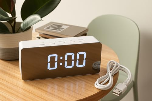 Image of Mirror LED Digital Alarm Clock | Smart Display with Temperature, Night Light & Snooze | USB Powered Table Clock for Bedroom, Office & Travel | Adjustable Brightness | White Body