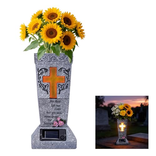 Solar Cemetery Grabvase mit Basisstifte LED Lichtkreuzen & Klage Friedhofsvase Grablampe Wetterfeste Grabblüten Gedenkblütentöpfe Vase Outdoor Deko