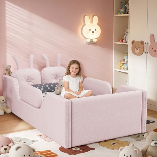 Image of Twin Size Kids Floor Bed Frame, Upholstered Montessori Platform Bed W /Removable Rails Cute Daybed Frame for Girls Boys, No Box Spring Required,Pink