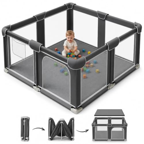 Image of Foldable Playpen for Babies and Toddlers, 50 inchx50 inch Portable Play Yard with Mat, Kids Collapsible Play Pen with Sturdy Metal Frame & Mesh Walls, Indoor & Outdoor Baby Fence Play Area