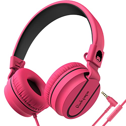 rockpapa 950 Wired Headphones for Kids Girls Boys for School Classroom with Microphone, On-Ear Foldable Corded Headphones with Jack 3.5mm for Laptop Computer Tablet Chromebooks Black Pink