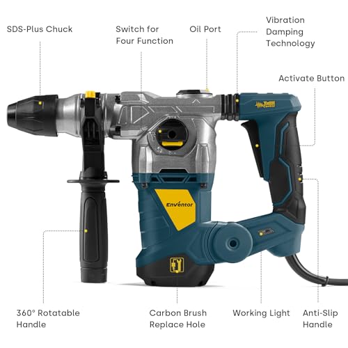 Enventor Hammer Drill, 1500W Heavy Duty Electric Rotary Hammer Drill, 360° Auxiliary Handle, SDS Plus, Blue - Image 2