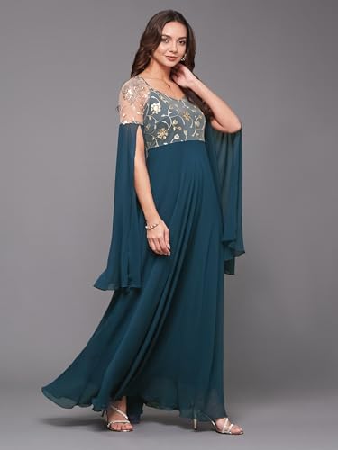 Image of Miss Chase Women's Round Neck Sleeve Embellished Fit Flare Maxi Dress