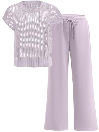 ANRABESS Women Two Piece Outfits Crochet Sheer Knit Sweater Top Wide Leg Pants Lounge Matching Sets Sweatsuit Travel Clothes Light Purple Medium