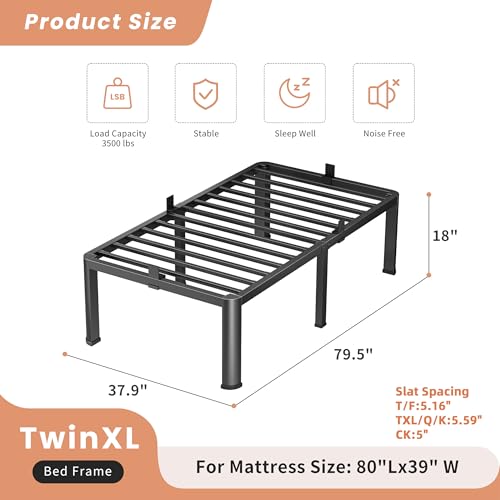 VIPSHOW 18 Inch Twin XL Heavy Duty 3500 lbs Bed Frame with Round-Corner Legs & Anti-Squeak Design – Quick Assembly Metal Platform, No Box Spring Needed by VIPSHOW - Image 2