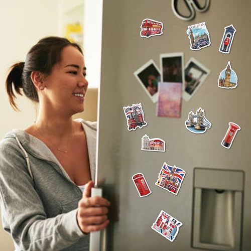 London Icons Fridge Magnets Souvenir - British Construction Design Set of 12, Double-Deck Bus, Red Phone Box, Tower Bridge, England Car Souvenirs Gifts Magnets for Family Friends Colleague