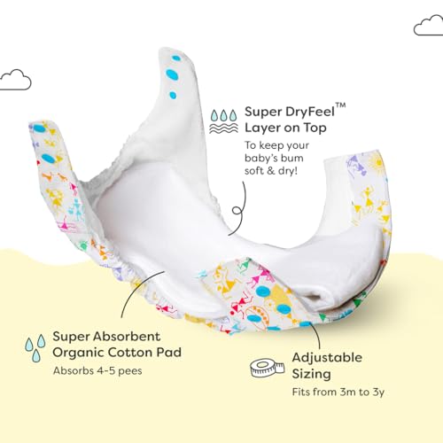 Image of superbottoms UNO Freesize Premium Cloth Diaper for babies (3m-3y) + Organic Cotton Pad | Washable & Reusable 300+ Times | Superior Absorption | Waterproof | Super Soft & Gentle - White-warli, 1 count