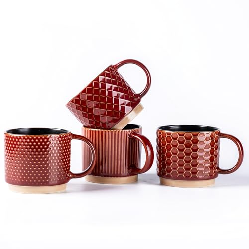 GBhome 6 OZ Stackable Coffee Mugs, Ceramic Coffee Mugs with Texture Patterns for Man,Woman,Dad,Mom, Modern Coffee Cups Set of 4 for Espresso/Cappuccino/Cocoa. Dishwasher&Microwave Safe,Red