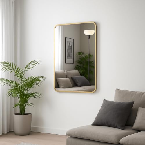 Image of The Artment your artistic apartment Streamline Rectangle Wall Mirror | HD Glass | Metal Frame | Wall-Mounted | Elegant Design for Bedroom, Bathroom, Hallway, Entryway | Gold (56 CM)