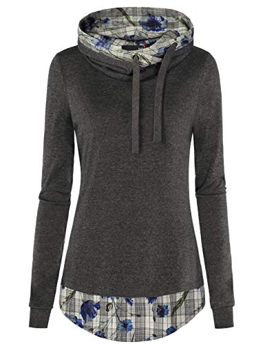 DJT Sweatshirts for Women, Women's Long Sleeve Pullover Checkered Hoodies XX-Large Grey Floral