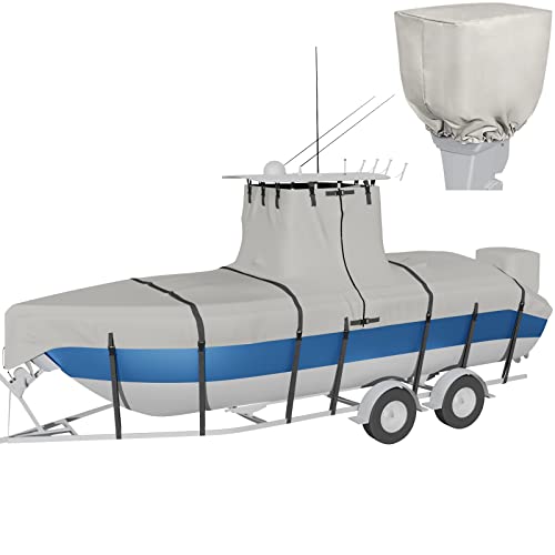 Nukugula 100% Waterproof T Top Boat Cover With Motor Cover, 800D Marine Grade Canvas Rip-Stop T Top Boat Cover Trailerable With 11+6 Windproof Straps, 20'-22' Long (Beam Width Up To 106") #TOP2