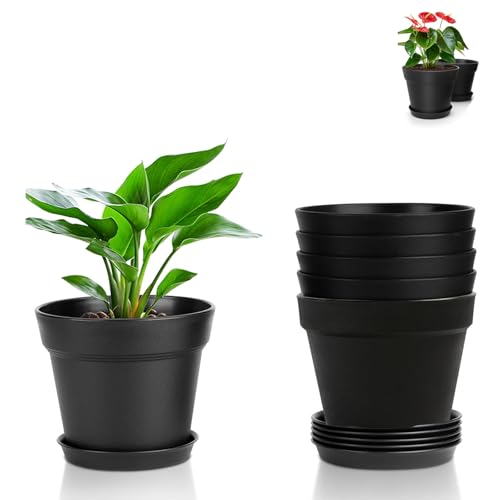 thirei Vasi da Fiori in Plastica, Set di 6 Vasi da Fiori in Plastica per Erbe Aromatiche, Vaso da Fiori in da 8,8 cm con Sottovaso, Vasi per Piante, per Piante Grasse e Cactus, Nero