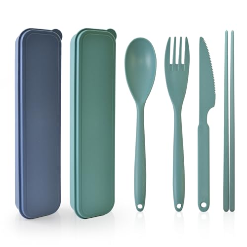 Camping Cutlery Reusable 2 Piece Travel Cutlery Set with Case, Plastic Cutlery Set with Case, Spoon, Knife, Fork, Chopsticks, Portable Camping Cutlery for On The Go, Outdoor, Picnic, Travel (Large)