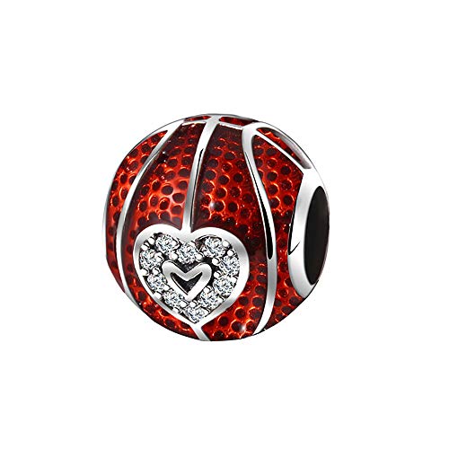 Love Basketball Charm for Bracelet or Necklace for Women by Ginger Lyne | European Style Bead Clear Cubic Zirconia Red Sterling Silver | Athletic Gifts for Her