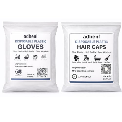 Image of adbeni Premium Disposable Transparent Gloves 100 Pcs & Head Shower Caps 50 Pcs | Waterproof, Latex-Free, Hygienic for Hair Coloring, Kitchen, Cleaning, Food Handling, Bath & Salon, Multipurpose Use
