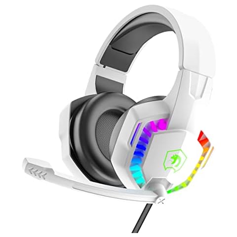 RGB Gaming Headset, 5.1 Channel Stereo Surround Sound, 3.5mm Wired LED Over-Ear Comfort Headphone with Noise Cancelling Mic & In-line Volume Control for PC Xbox One PS5 Laptop Mac Smart Phone(White) Cover