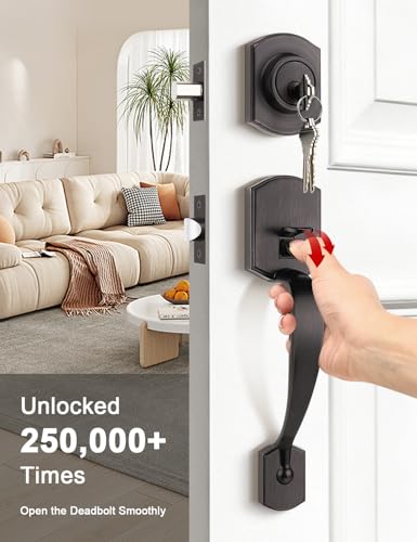 Image of Tinewa Oil Rubbed Bronze Double Front Door Handleset with Deadbolt - Upgraded Entry Door Handle Featuring Accent Wave Lever, Keyed & Dummy Exterior Handleset Combination
