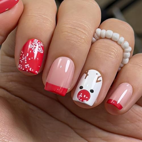 Image of Curvlife Press on Nails Acrylic Short Square Fake Nails with Christmas Deer Design Full Cover False Nails for Women Reusable Nail Kit