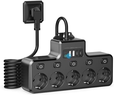 COLSTAR Mehrfachsteckdose, Steckdosenleiste mit USB, 1,8m Kabel für Büro | Wandmontage, Überspannungsschutz, 5 einzeln schaltbare Plätze, 4 Touch-Ports (2 Typ-C), 4000W, V0 flammhe