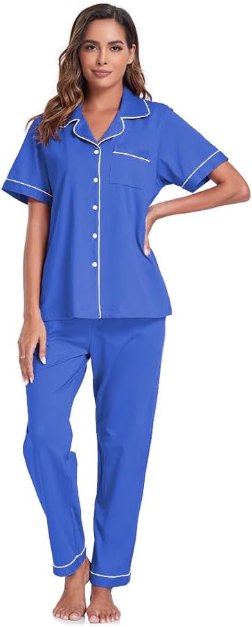 COLORFULLEAF 100% Cotton Women's Pajamas Sets Button Down Sleepwear Short Sleeve with Long Pants Lounge Pj set - Image 2