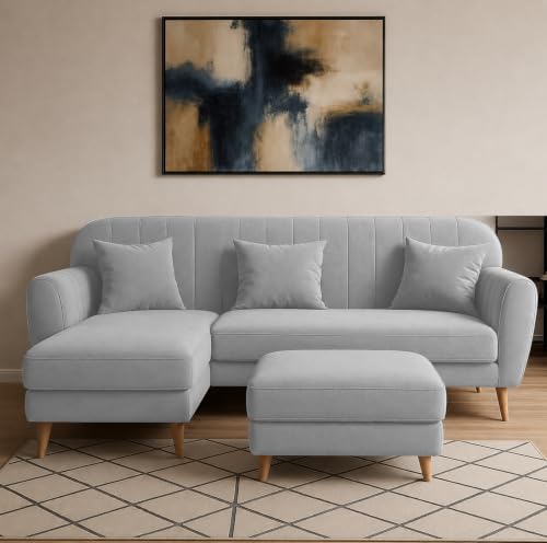 Image of Atticus LHS 4 Seater L Shape Sofa Set with Ottoman for Living Room (Grey Fabric) Premium Fabric Sofa Set