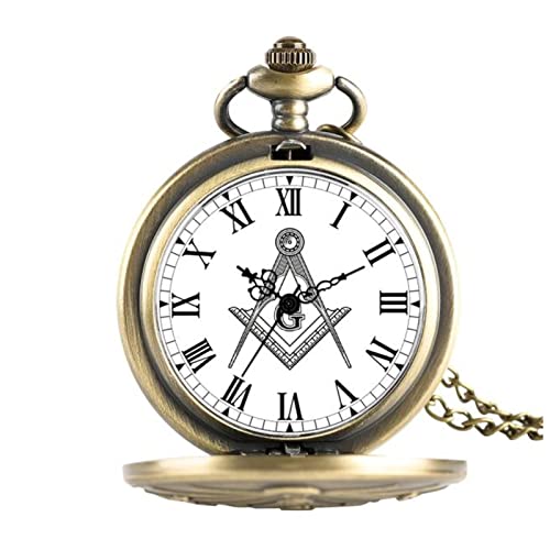PiurUf Taschenuhr Antique Freemason G Dial Chrome Square und Kompass Mason Freimaurer Halskette Anhänger Quarz Taschenuhr for Freemason Taschenuhr Handaufzug