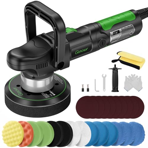 Ginour Lucidatrice da 900 W, set di 6 velocità, lucidatrice eccentrica con 5 spugne da 150 mm, manico a D rimovibile e maniglia laterale, cavo da 3 m, lucidatura auto, barca, moto