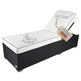 RS Trade Sonnenliege Gartenliege wetterfest extra hoch auch für Senioren – Polyrattan Outdoor mit Rollen, stabil & belastbar bis 200kg, XXL für Garten Terrasse Balkon, schwarz Rattan, helle Auflage