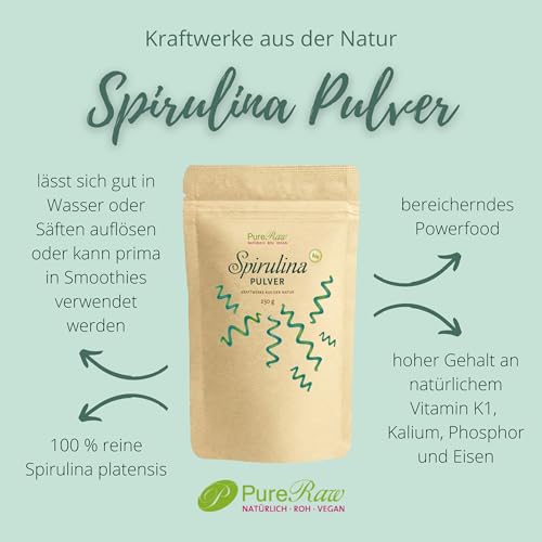 Bio Spirulina Pulver (Roh Vegan) Spirulinapulver Spirulina Algen - Algenpulver Superfood Algen Greens Supplement Algen Pulver | PureRaw 250g