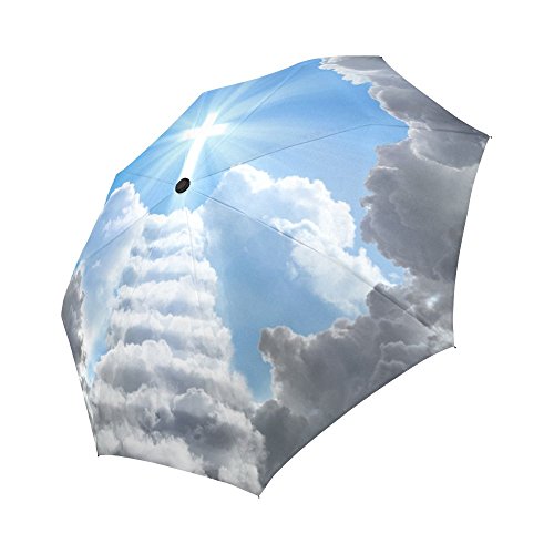 Interestprint Stairs Leading To Cross Light Among Clouds 100% Polyester Pongee Windproof Fabric Travel Umbrella, Compact Automatic Open And Close Folding Uv And Rain Umbrella #TOP6