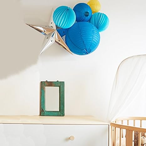 Sous Le Lampion Kit De Lampions Leo 6 Lampions Lanternes En Papier Et Etoile De Qualite Superieure Bleu Jaune Et Argent Avec Kit D Accroche Decoration De Chambre D Enfant Et D Anniversaire