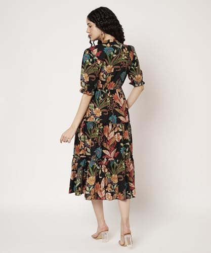 Image of PIDAVLIYA'S Women's Cotton Floral Printed Midi Dress | V-Neck Fit & Flare Dress with Puff Sleeves | Casual Summer Wear