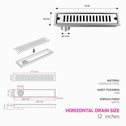 Image of Shower Drain Channel 12 x 4 Inch Vertical Outlet 304 Stainless Steel Floor Drain Jali with Collar Heavy Duty Water Drain Channel for Bathroom Side Hole