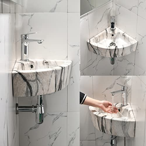 Small Corner Wall Mount Bathroom Sink And Faucet Combo-18"X13" Black White Marble Coated Porcelain Ceramic Above Counter Mini Vanity Vessel Sink With Overflow With Chrome Faucet And Pop-Up Drain Combo #TOP2