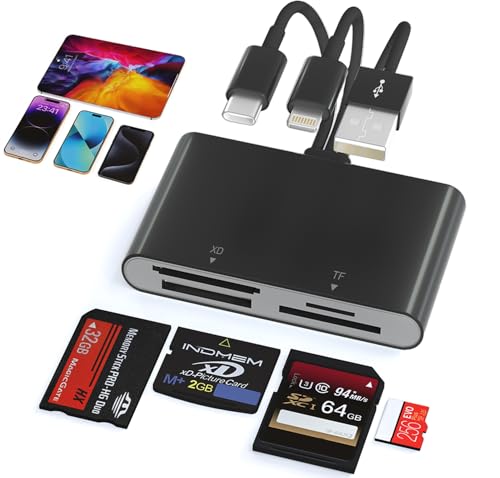 Memory Card Reader - 4 in 1 SD/MicroSD/MS/XD Card Reader Memory Stick Pro Duo Adapter for Sony Cybershot SD, Lightning/USB-C/USB-A Triple SD-Card Reader for iPhone 17/16/15/14/iPad/PC/Android/Camera