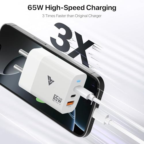 Image of DR VAKU 65W Charger Type C Fast Adapter with Type C and Data Cable PD 2.0, Multi Port Dual PD Charging GaN Technology for MacBook Laptop,iPhone 16,15 /14 /13, Samsung and Android Devices